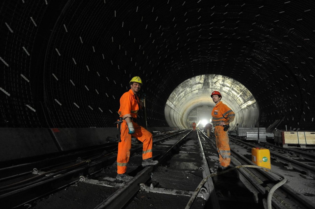 Workers joining the construction of the Gotthard Base Tunnel